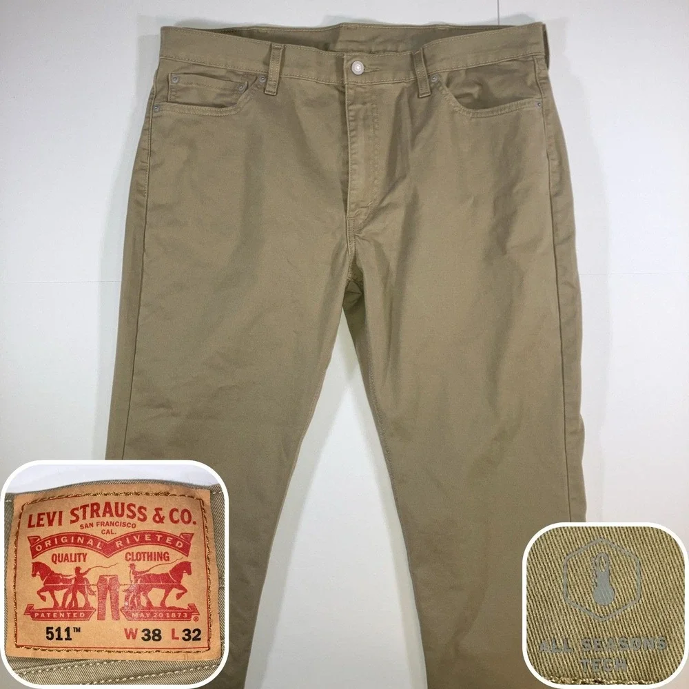Levis 511 Pants Mens‎ 38x32 (39.5x27.5 Actual) Slim Fit Khaki Tech Stretch